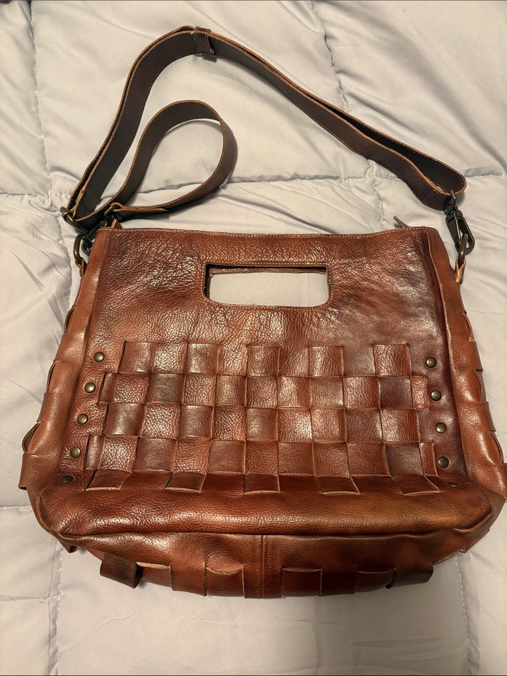 Bed Stu Brown Woven Leather Shoulder Bag with Cutout Handle